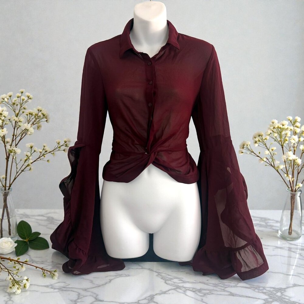 Fashion Nova Burgundy Sheer Twist-Front Blouse | Long Sleeve | Size S